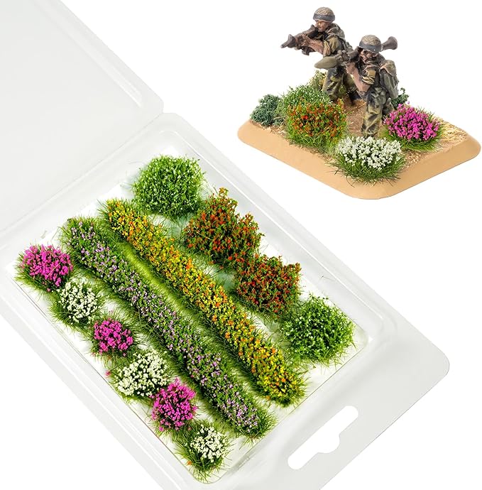 Warmtree 12 Pcs Miniature Colorful Flower Cluster Miniature Flowers Static Grass Tufts for Diorama Supplies Woodland Scenics Terrain Railway Scenery Table Landscape(Rose Red White)