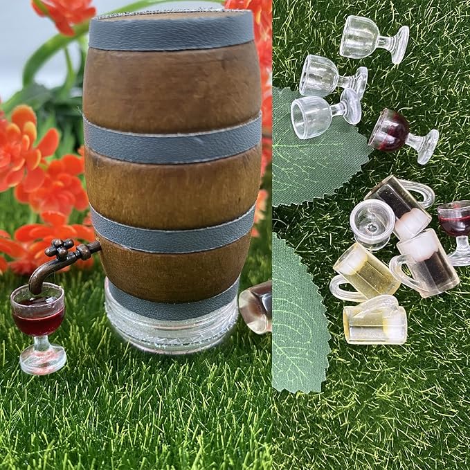 Cayway Miniature Drink Set - 8 PCS Accessories, 1 PCS Wooden Beer Barrel, White & Beer Glasses for Fairy Garden Pub Bar Decoration