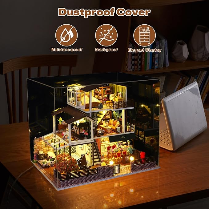 DIY Miniature House Kit, Tiny 3D Wooden European Retro Villa, Mini Dollhouse Building Kit with Dustproof Cover & Music Movement, Creative House Craft for Adults, Gift for Family and Friends