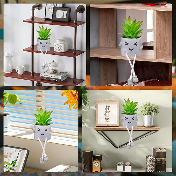 LUZOGA Cute Artificial Succulent Plant in Cement Pot with Hanging Legs - Kitchen Shelf, Bathroom, Office Wall Decoration, Mini Fake Succulents Decor Accents for Desk Shelf - Set of 1