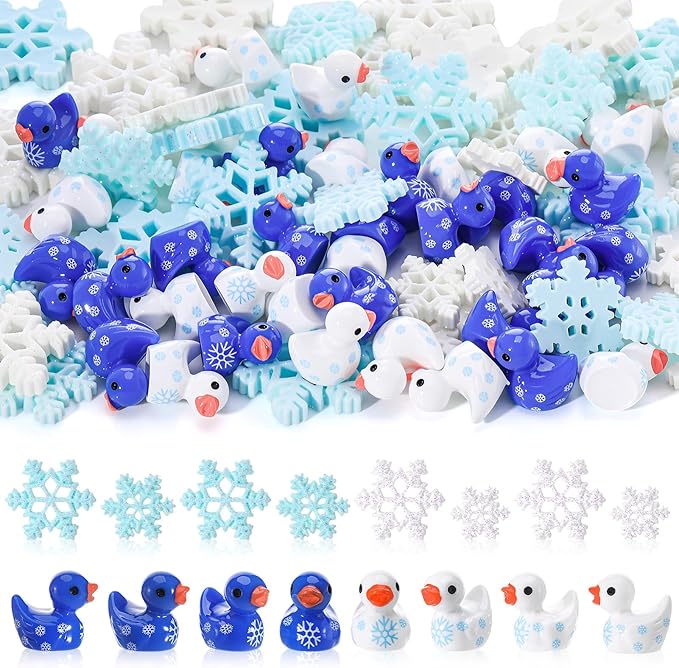 80 Pcs Mini Ducks Snowflake, Tiny Resin Ducks Figures Bulk, Cute Miniature Figurines for Winter Christmas Accessories Miniature Landscape Fairy Garden Dollhouse Party Favors Decor (6 Styles)