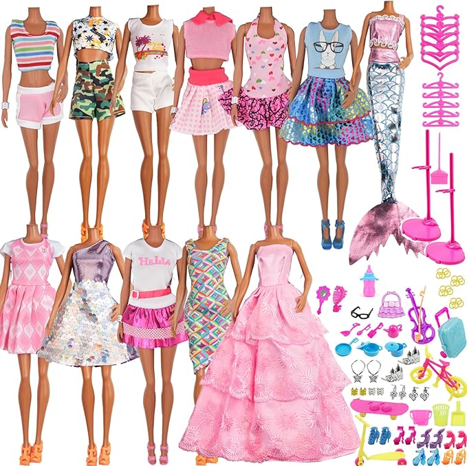 90Pcs Doll Clothes and Accessories for 11.5 Inch Girl Dolls Set Contain 10 Different Handmade Party Grown Outfits, 1 Handmade Wedding Dress, 1 Mermaid Dress, 78 Accessories for Girl Doll