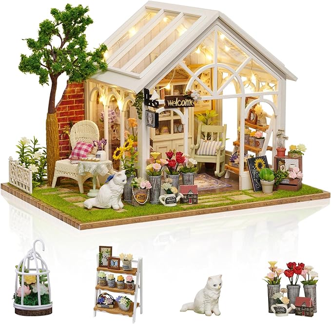 DIY Miniature House Kit, Dollhouse Kit with LED Light, Mini House Building Kits for for Adult to Building, Christmas Home Decorations Gifts for Family and Friends, Sunshine
