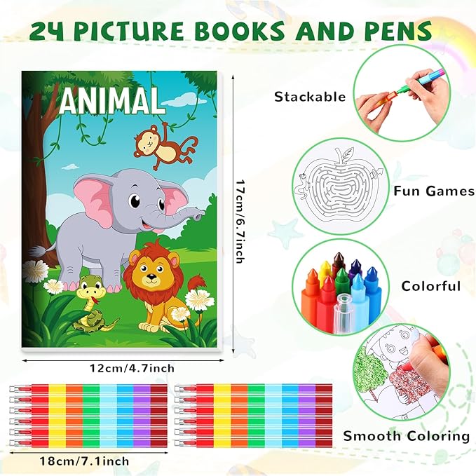 BenLouis Coloring Books for Kids With Stacking Crayons Set Mini Coloring Books Bulk for Ages 4-8-12 Small Activity Books for Birthday Party Gifts Goodie Bags Stuffers Travel（24+24Pcs Assorted）