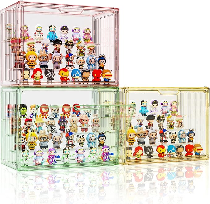 Colorful Figure Display Case for Collectibles 4 Layer Hobby Figurine Display Shelf Cases Stackable Display Boxes with Shelves for Pop Mart, Action Figures, Model, 3 Pack