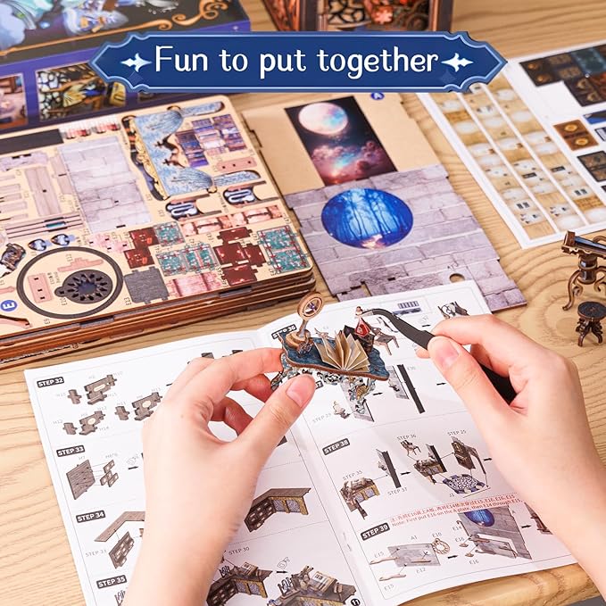 Cutefun Book Nook Kit for Adults, DIY Miniature House Dollhouse Kit for Adults and Teens, 3D Wooden Puzzle Booknook Bookshelf Insert Decor Gifts (Nebula Common Room)