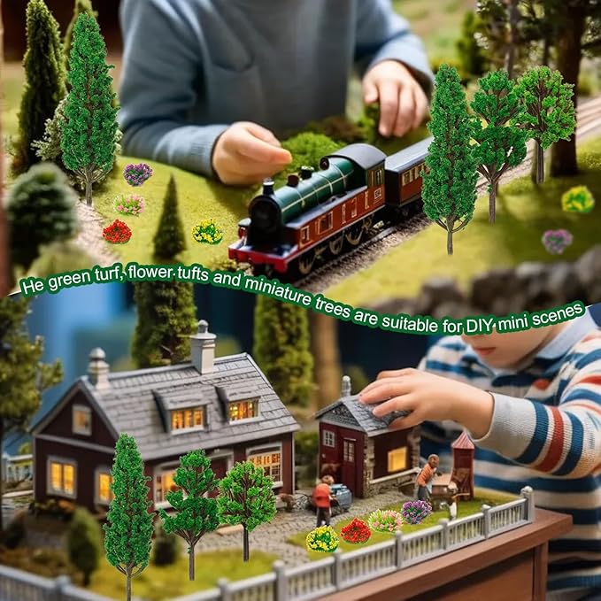 Warmtree 47 Pcs Model Trees and Flowers - 32 Colorful Flower Clusters, 15 Mixed Trees for Miniature Fairy Garden, Train Landscape, Military Layout, and Dioramas