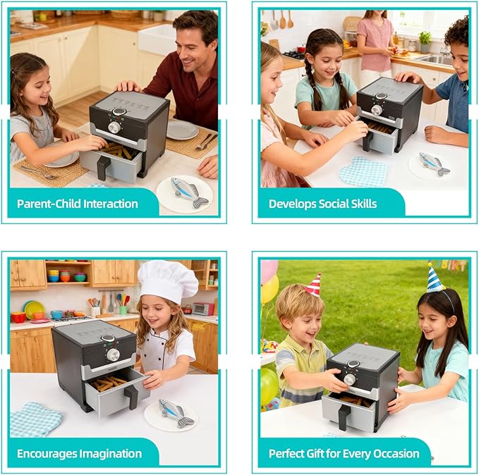 15-PCs Wooden Air Fryer/18-PCs Pressure Cooker Playset for Kids Pretend Cooking Toy with Food Accessories Utensils Montessori Kitchen Role Play (Air Fryer)