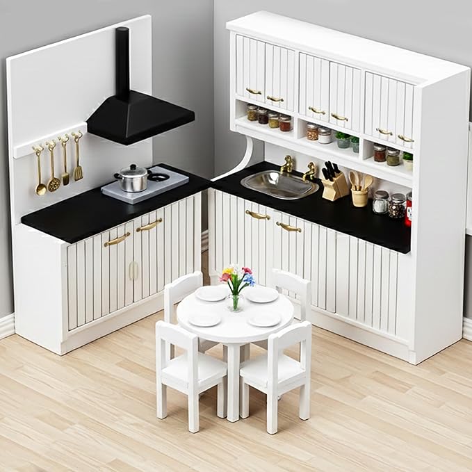 Doll House Kitchen Cabinet - 1/12 Scale Miniature Mini Table with Stove Sink Cabinet, Mini Wooden Dining Room Furniture Accessories, Decoration for Dollhouse Accessory