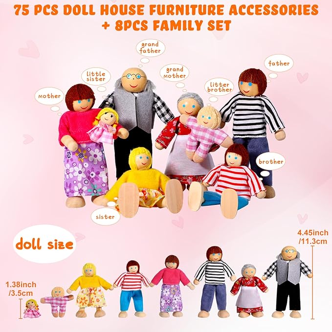 HyDren 83 Pcs Wooden Dollhouse Furniture Set with 8 Dolls Flexible Family Dolls and Fully Furnished Kitchen Living Room Bathroom Bedroom Dining Room Role Play Toys Birthday Gift for Girl Boy