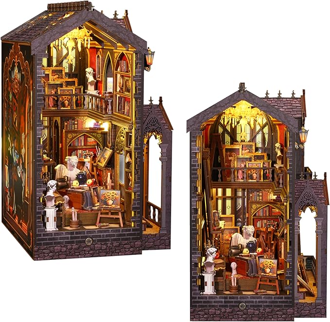 ISSEVE Book Nook Kit - DIY Miniature Dollhouse Booknook for Adults Teen, 3D Wooden Puzzle Tiny House Kit Bookshelf Decor, Gifts for Men Women Halloween Christmas Birthday (Art Studio)