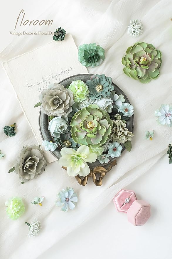 Floroom Mini Artificial Flower Heads Sage & Olive Green Fake Peony Daisy Rose Multicolor Small Faux Silk Flower Heads for Cake Craft Garland Wedding Party Graduation Cap DIY Home Decoration, 0.8"-3.6"