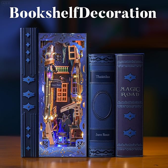 Magic Alley Book Nook Kit - DIY Miniature House Kit for Adults, Teens and Beginners, Magic Miniature Diorama with LED Light, 3D Wooden Puzzle Bookend Bookshelf Insert Decor, Gifts for Fantasy Lovers