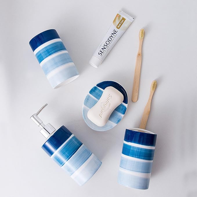 Bathroom Accessories Set, 4-Piece Blue Ceramic Bathroom Decorations Accessories Set, Contain Toothbrush Cup, Soap Dispenser, Soap Dish, Tumbler