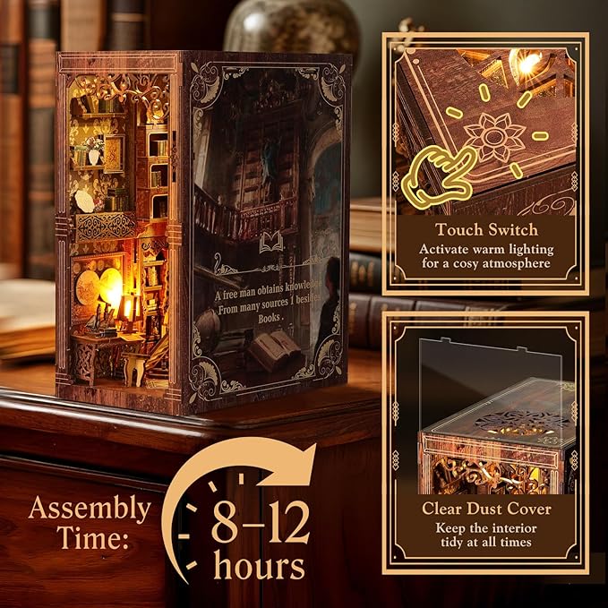 MoKo Book Nook Kit, 3D Wooden Puzzles Booknook with LED Lights, DIY Miniature House Kit, Book Nook Decor Gifts for Adults Family, Royal Library