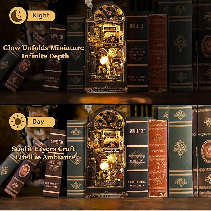CRIOLPO Book Nook Kit - DIY Miniature House with Sensor LED 3D Wooden Doll House Bookshelf Insert for Adults Creative Gift for Book Lovers and Family - Machinic Throb