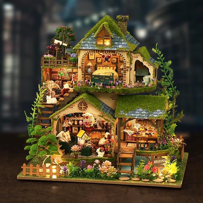 DIY Miniature House Kit: 3D Wooden Puzzle Dollhouse Kit, Mini House Building Kits for Adults Teens, Tiny Model House Building Miniature Kit with LED Light, Forest Adventure
