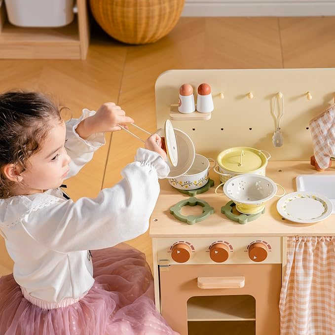 ROBUD Kids Pots and Pans Playset,Toddler Kitchen Accessories Pretend Cooking,Cottagecore Yellow Stainless Steel Pots and Pans Metal, Kitchen Set for Kids, Mini Toy Kitchen Accessories(9 Pieces)