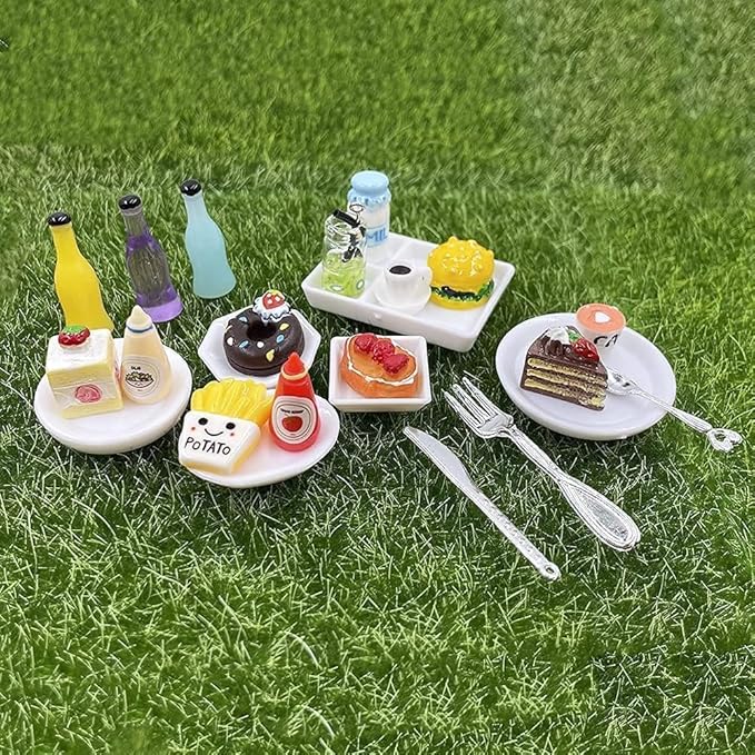 HKLMRO 150Pcs Miniature Food Drink Bottles Adults Dollhouse Soda Pop Cans Pretend Play Kitchen Cooking Game Party Accessories Toys Hamburger Cake Ice Cream Pizza Bread Tableware Doll House Landscape