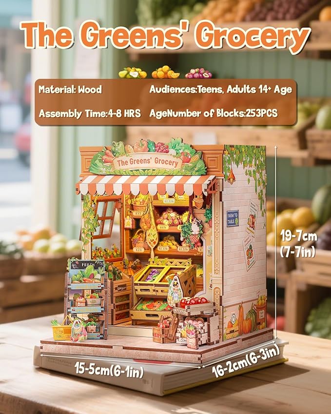 CUTEBEE Book Nook Kit, DIY Miniature House Kits for Adult and Teens, Dollhouse Booknook Tiny House, Bookshelf 3D Wooden Puzzle, DIY Craft Gifts for Family and Friends (The Greens’ Grocery)
