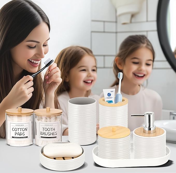 IMAVO Bathroom Accessory Set-11Pcs White Bathroom Accessories Set with Trash Can,Soap Dispenser,Soap Dish,Toothbrush Holder,Toothbrush Cup,Toilet Brush Holder,Qtip Holder Dispenser with Labels