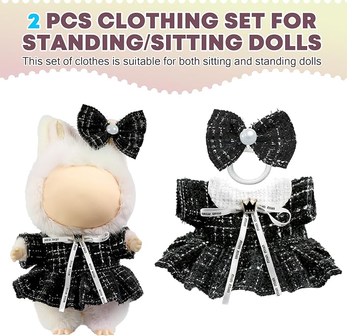 Clothes for LABUBU Doll (NO Doll), Luxury Chic Style 2-Piece Accessories for LABUBU 17cm Dolls, Premium Fashion Outfits for LABUBU - Bow Headdress + Plaid Tweed Dress (Black)