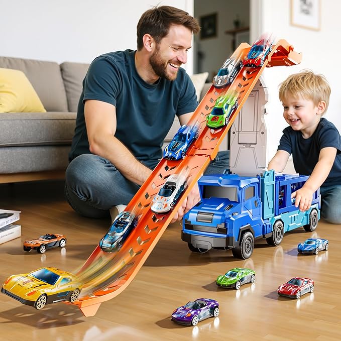 Toddler Car Truck Toys for 3 4 5 6 7 8 Years Old Boys, Transporter Truck Toy Track Set with 12 Die-Cast Car Toys, Toy Gifts for 3 4 5 6 Year Old Boys Kids