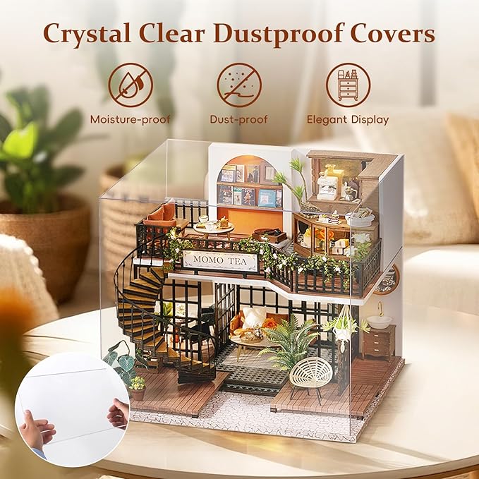 DIY Miniature House Kit, Mini Forest Momo Teashop Building Set, 3D Wooden Dollhouse with Dustproof Cover, Creative Handmade Home Decoration, Gift for Adult Teen Birthday Christmas