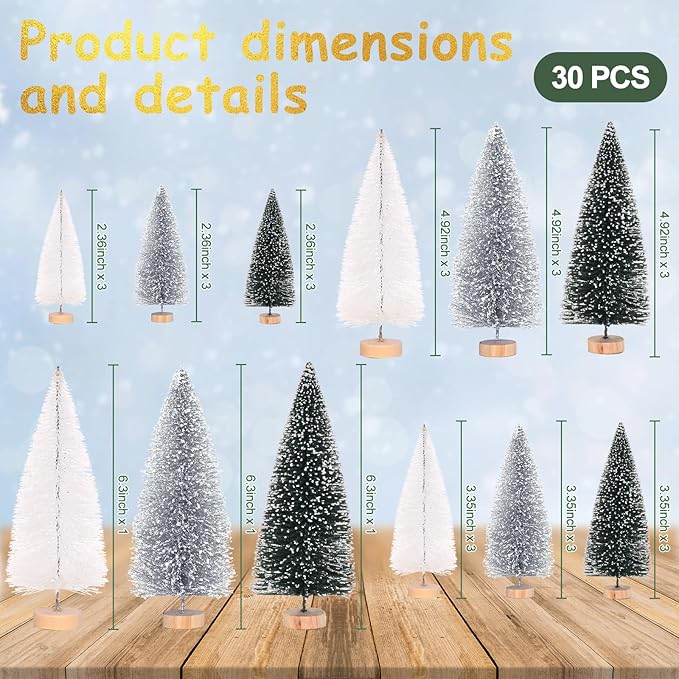 Waipfaru Christmas Table Decor, 30 Pcs Bottle Brush Christmas Trees, White Mini Christmas Trees, Farmhouse Pine Trees for Xmas Tabletop Crafts Indoor Home Decorations (Sliver & White)