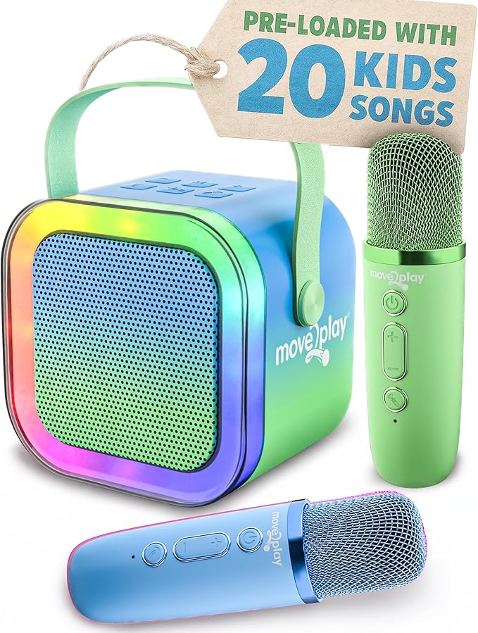 Move2Play, Mini Karaoke Machine for Kids | Built-in 20+ Songs | Bluetooth Speaker with Microphones | Voice Effects | Toddler Music Toy | Christmas Stocking Stuffer | Girls & Boys Age 2, 3, 4, 5, 6+