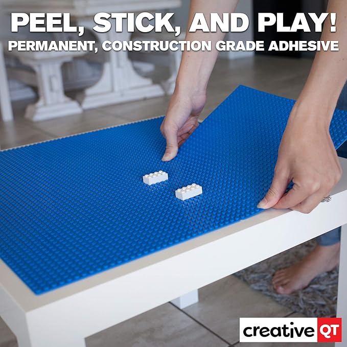 Creative QT Peel-and-Stick Stackable Baseplates - 4-Pack 10 x 10 in Blue - Building Brick Plates for Play Table & Wall Toy - Compatible with Lego