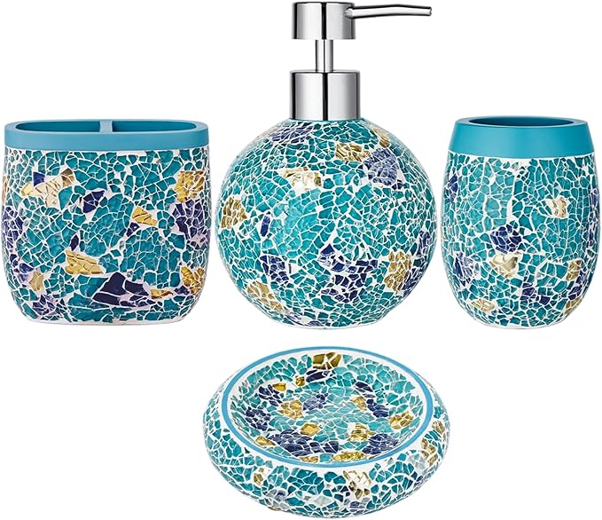 Handmade Blue Mosaic Glass Bathroom Accessory Sets 4PCS Bathroom Accessories Set Complete Includes Lotion Dispenser Toothbrush Holder Tumbler Cup & Soal Dish