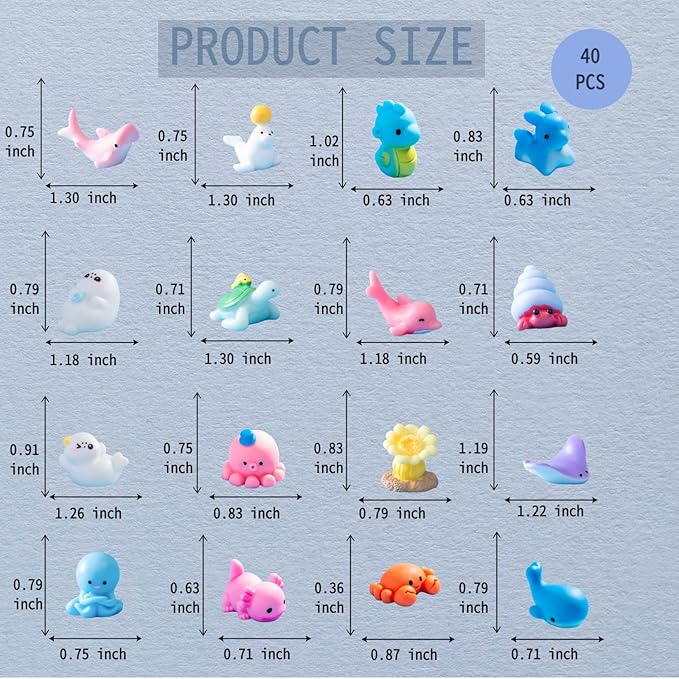 40 Pcs Luminous Mini Resin Ocean Animals Turtle Axolotl Manta Ray for Aquarium Decor Fish Tank Garden Miniatures High-Gloss Resin Crafts Birthday Cake Topper