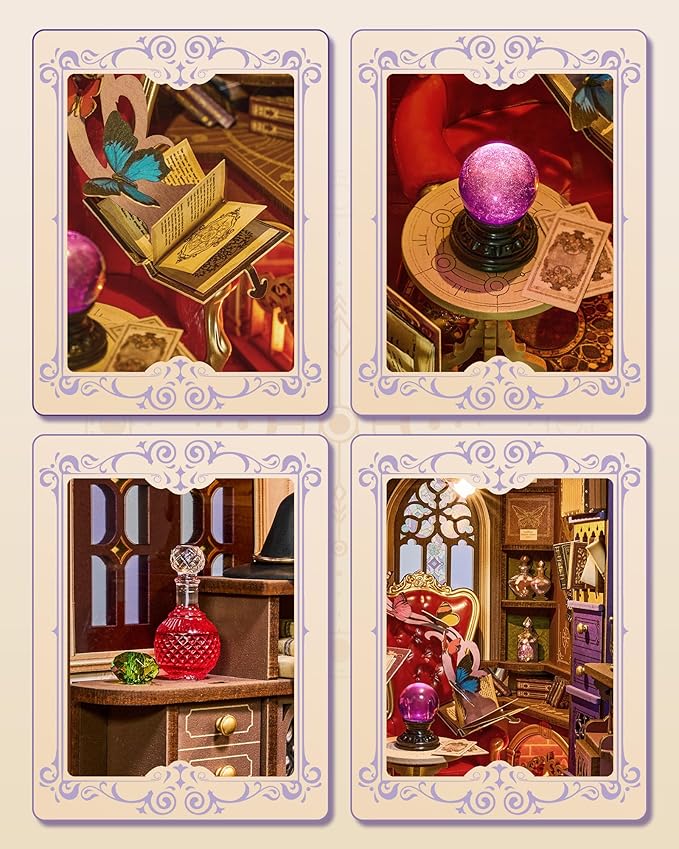 ROBOTIME Book Nook Kit, DIY Miniature House Kit, 3D Wooden Puzzle Bookends, Witch Study Room Bookshelf Decor, Creative Unique Gifts for Adults (Magic Fantasy Corner)