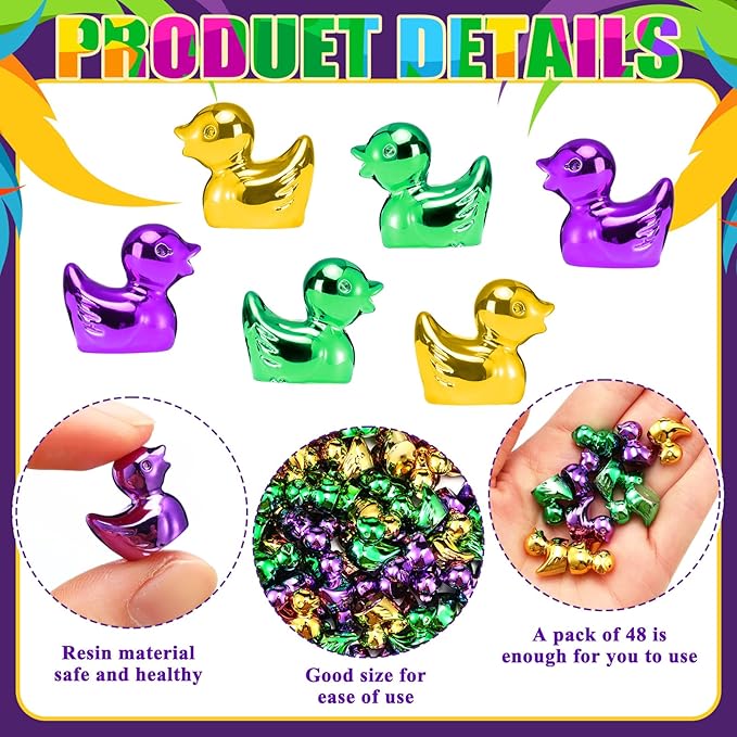 100 Pcs Shiny Mardi Gras Mini Duck Figures Colorful Mardi Gras Duck Decor Micro Landscape Aquarium Garden Hide and Seek Carnival Decoration Charm for Party Gift(Green, Gold, and Purple)