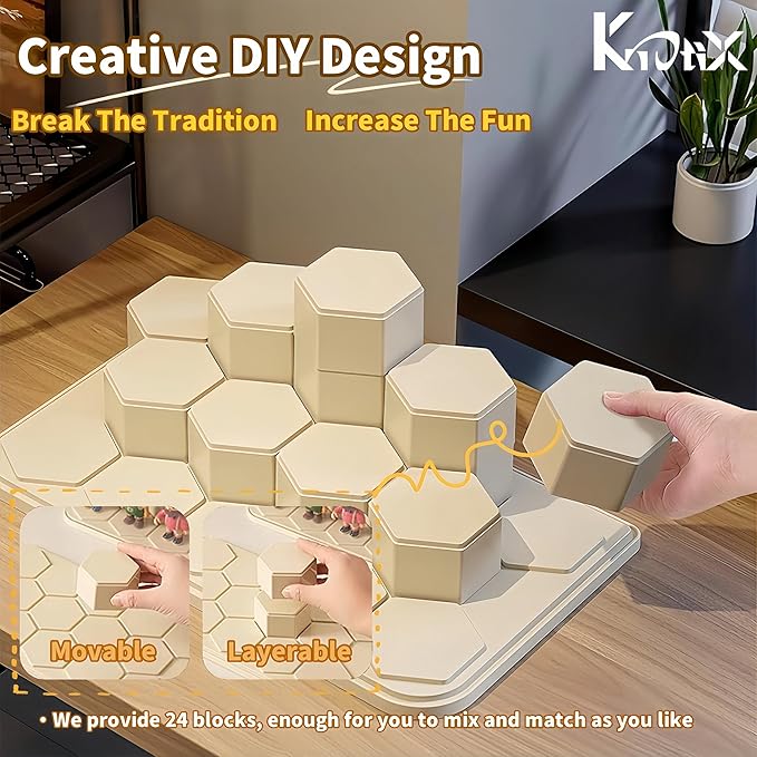 DIY Stackable Transparent Display Case for Figures, Dustproof Acrylic Display Boxes with 24 Movable Hexagonal Blocks, Large Capacity for Pop Mart, Lego, Collectibles (Cream)