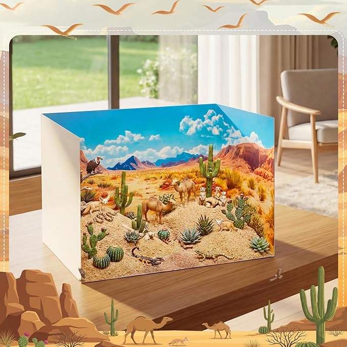 AmazingSpark 2 Set Desert Style Diorama Box and Sand Texture Sticker Decor, Desert Animals Project Supplies Set, Cardboard Display Case Kit & Cards with Double Sided Tapes for DIY Crafts