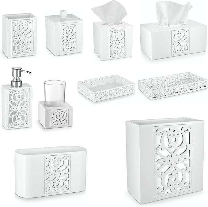 Creative Scents Mirror Janette White Bathroom Accessories Set - Decorative 4 Piece Bathroom Set - Mirrored Bathroom Accessory Set Includes: Soap Dispenser, Toothbrush Holder, Tumbler and Soap Dish