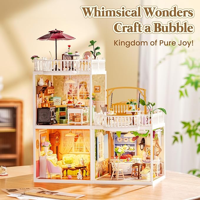 ROBOTIME Super Creator Kits, DIY Miniature House Kit with LED, Plastic Mini House, Toy Building Set for Adults, Craft for Home Decor Unique Gift (Holiday Tea Time)
