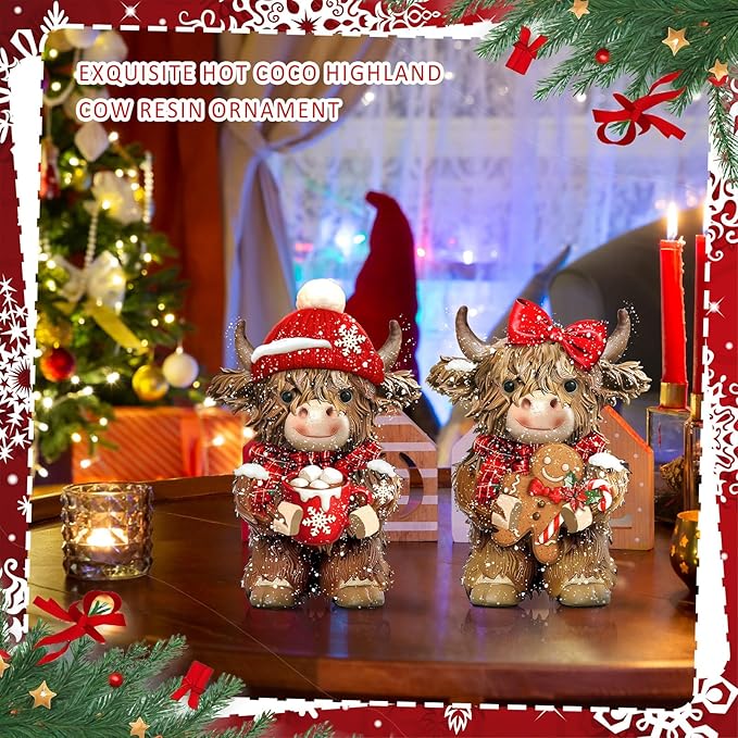 Burbell 2 Pcs Christmas Highland Cow Figurines Decor Cow Gnomes with Santa Hat Christmas Resin Statue Calf Lovers Gifts for Farmhouse Home Garden Bathroom Kitchen Office Tiered Tray Table Decor