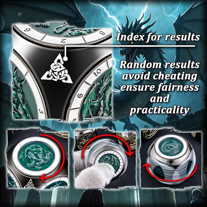 7 in 1 Unique Spinner DND Dice Set D&D, Metal Cube D and D Dice with Gift Box, Dungeons Dragons Role Playing Dice, Black Green