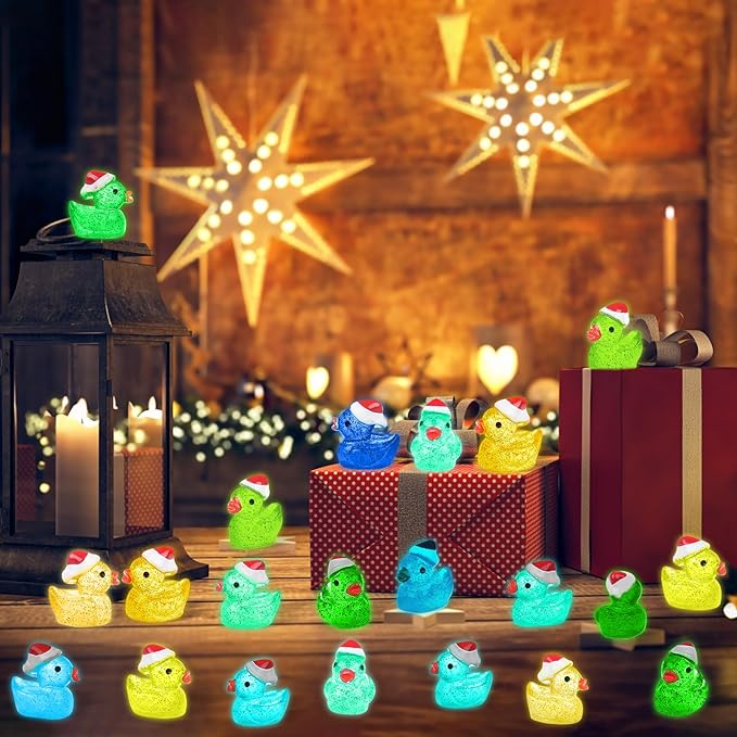 160 Pcs Mini Christmas Glitter Ducks Glow in The Dark Luminous Tiny Resin Ducks Small Duck Figurines for Xmas Tree, Dollhouse Micro Garden Landscape Aquarium Decoration Crafts