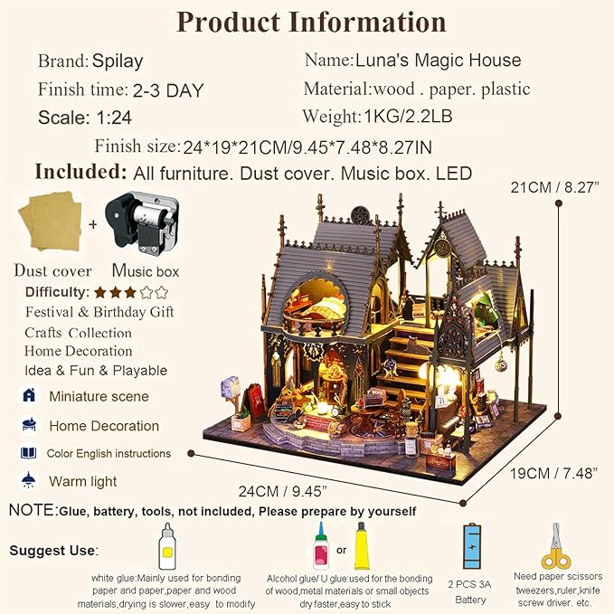 Spilay Dollhouse Miniature with Furniture,DIY Wooden Crafts Magic Doll House Mini Handmade Kit,1:24 Scale Creative Room Idea Gift (Luna's Maqic House with Dust Cover Music Box)