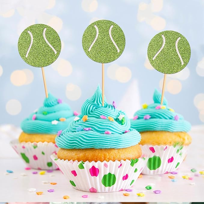 24 Pcs Tennis Cupcake Toppers Sports Ball Tennis Cupcake Picks Tennis Birthday Party Decorations Cake Decor for Sports Balls Theme Boys Girl Birthday Party Supplies