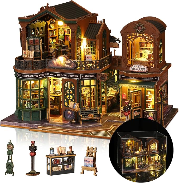 DIY Miniature House Kit, Mini 3D Wooden Books Shop Building Kit, Tiny Dollhouse Kit with Dustproof Cover & Music Movement, Creative Handmade House Craft, Gift for Adults Teens Family Friends
