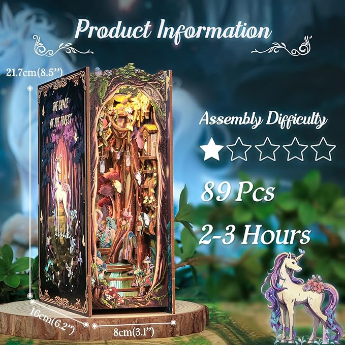 Cutefun Book Nook Kit, DIY Miniature Dollhouse Kit for Adults and Teens, 3D Wooden Puzzle Bookends, Bookshelf Insert Decor w/LED Light Dust Cover, Christmas Birthday Gifts (Forest Unicorn)