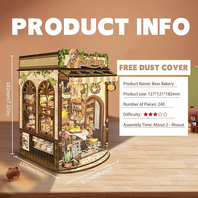 CUTEROOM Book Nook Kit for Adults, 3D Wooden Puzzle DIY Miniature Dollhouse Booknook Kit, Tiny House Building Kit with LED Light for Bookshelf Insert Decor-Bear Bakery