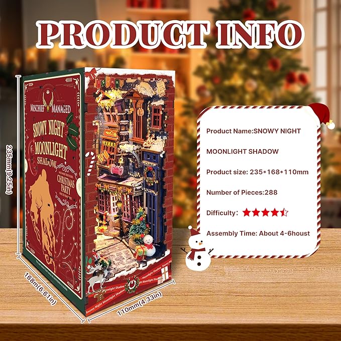 Christamas Book Nooks DIY Dollhouse Kit for Adults Bookshelf Decor with LED Lights 3D Wooden Puzzle Model Booknooks Kits Gifts for Family,Friends (Snowy Night)