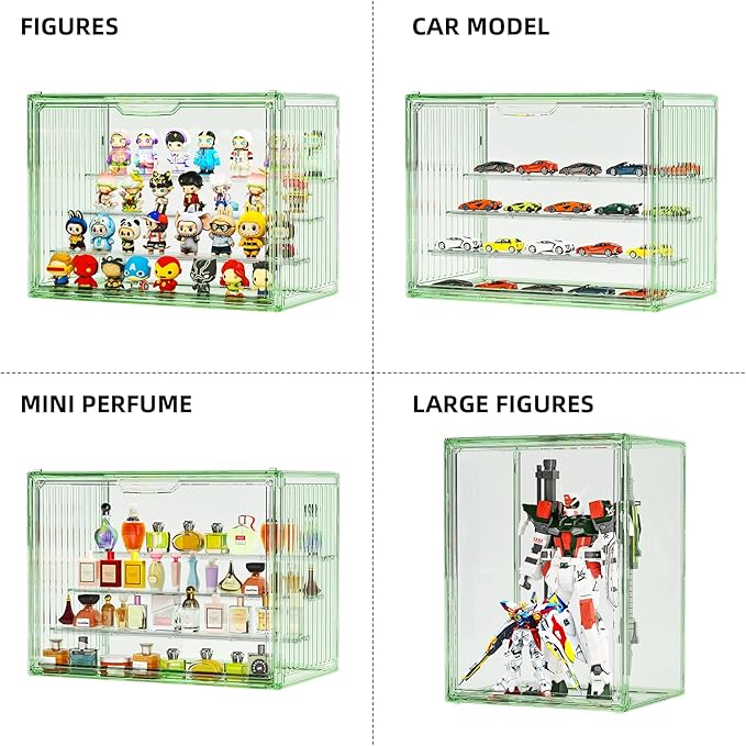 Clear Green Acrylic Figure Display Case for Collectibles 4 Layer Hobby Figurine Display Shelf Cases Stackable Display Boxes with Shelves for Pop Mart Labubu Action Figures, Car Model, 1 Pack