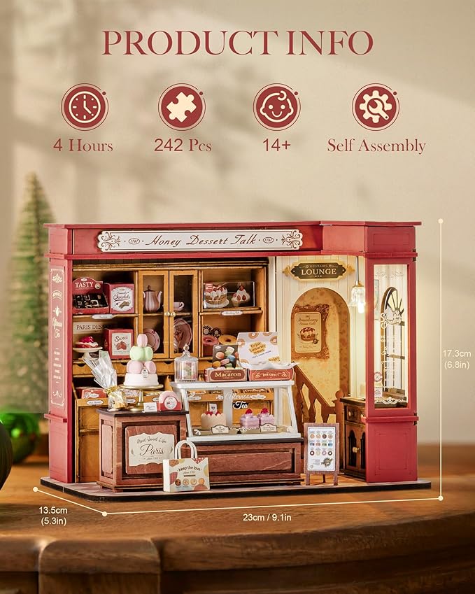 Rolife DIY Dollhouse Miniature House Kit 1:18 Vintage French Dessert Shop, Wooden Diorama Model Kit Mini House to Build with LED, Arts and Crafts for Adults Home Decor Creative Gift for Boys Girls